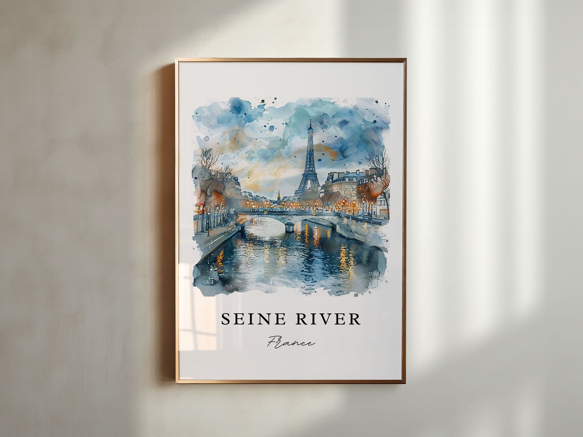 Seine River France Watercolor Bridge Eiffel Tower Lights Poster - Image 4