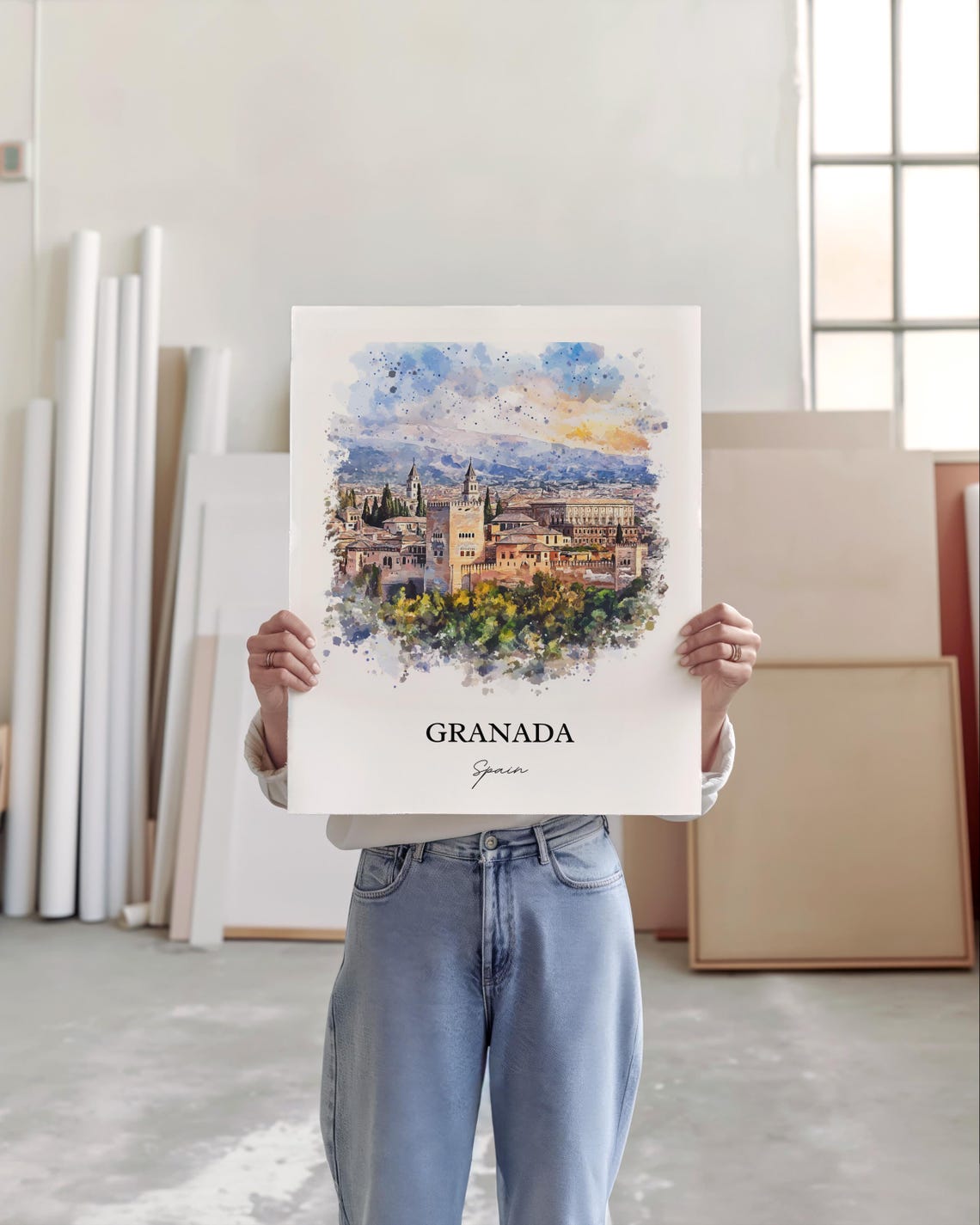 Granada Spain Watercolor Alhambra Palace Hilltop Skyline View Poster - Image 5