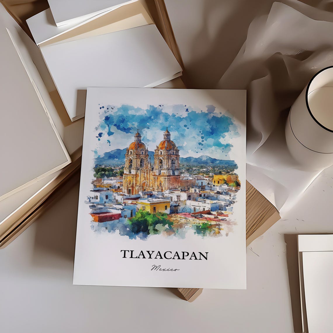 Tlayacapan Mexico Watercolor Twin Domes Church Rooftops Poster - Image 5