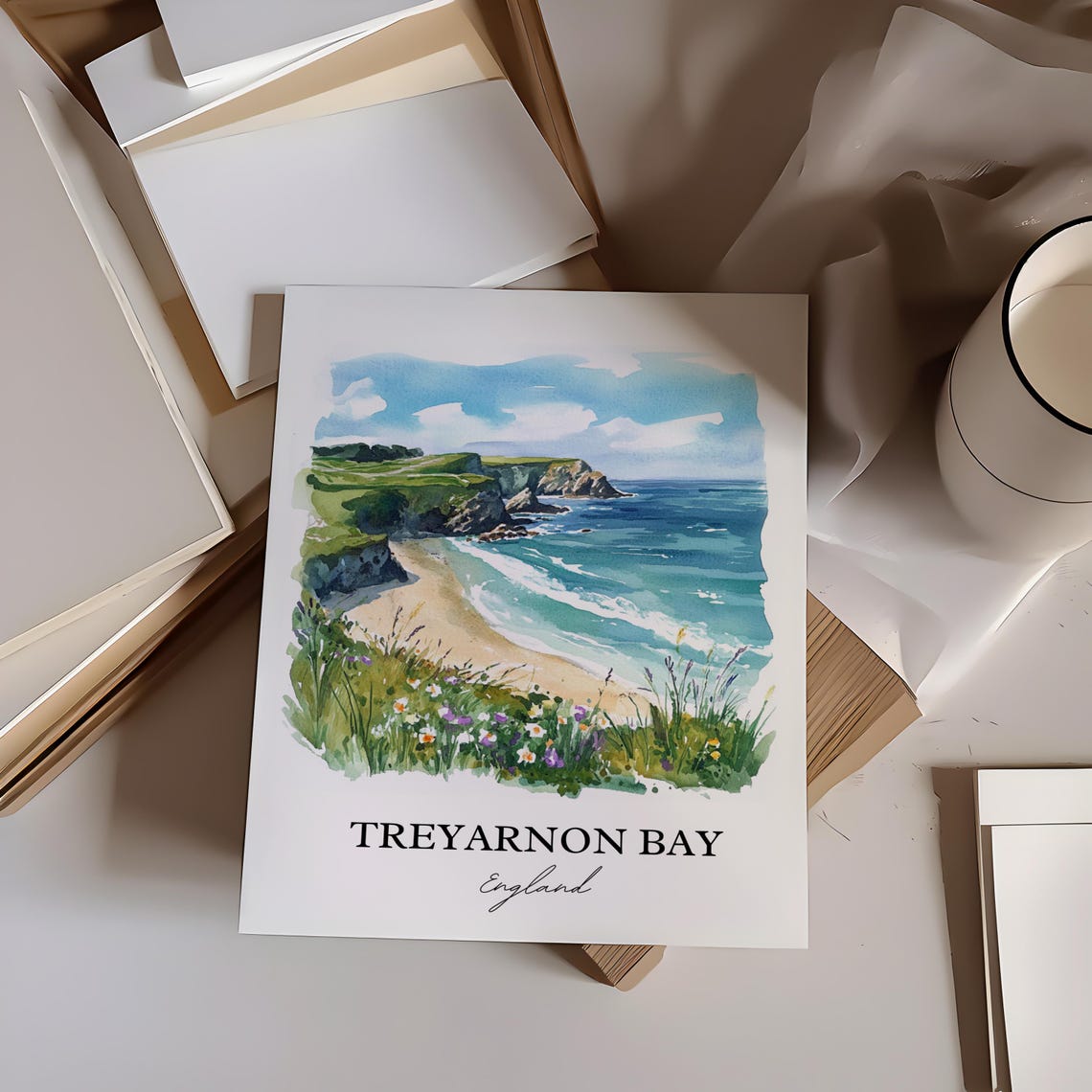 Treyarnon Bay England Watercolor Coastal Beach Travel Poster - Image 2