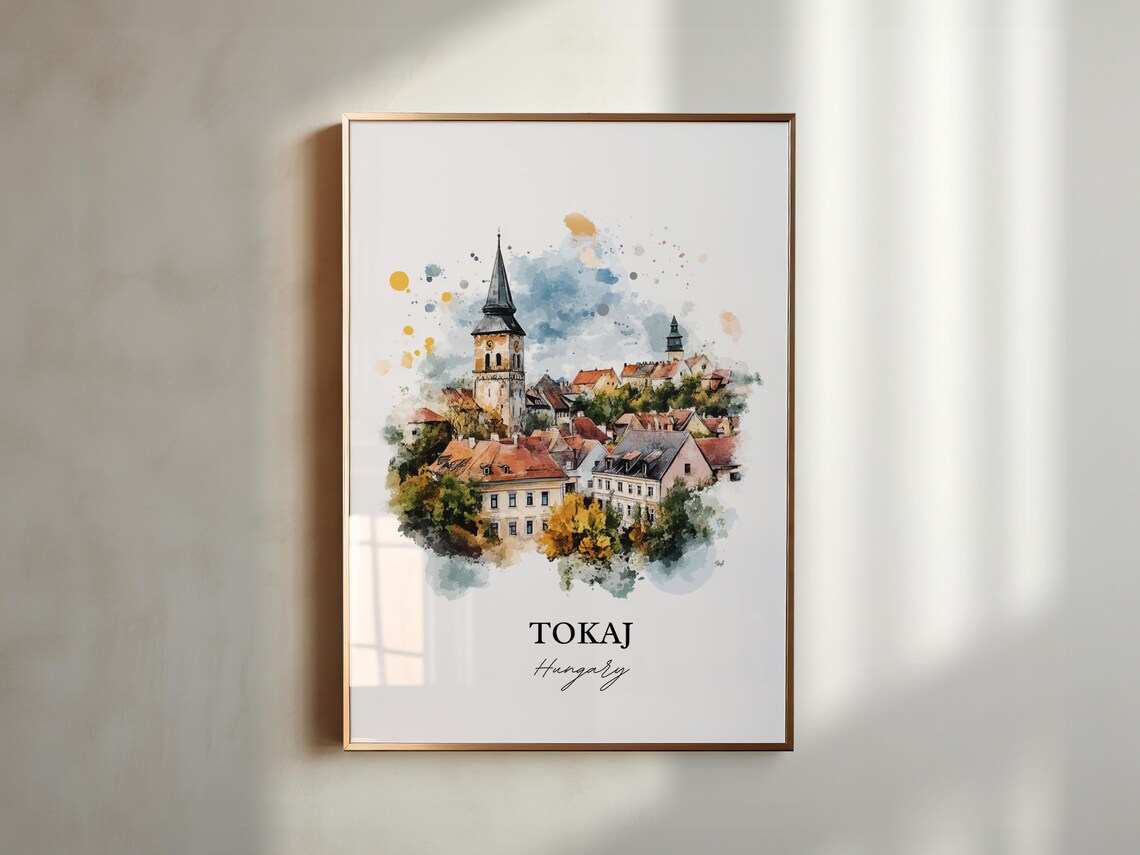 Tokaj Hungary Watercolor Church Tower Hillside Town View Poster - Image 4