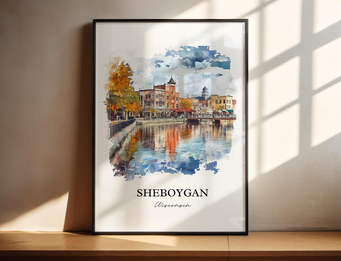 Sheboygan Wisconsin Watercolor Riverfront Downtown Autumn Trees Poster