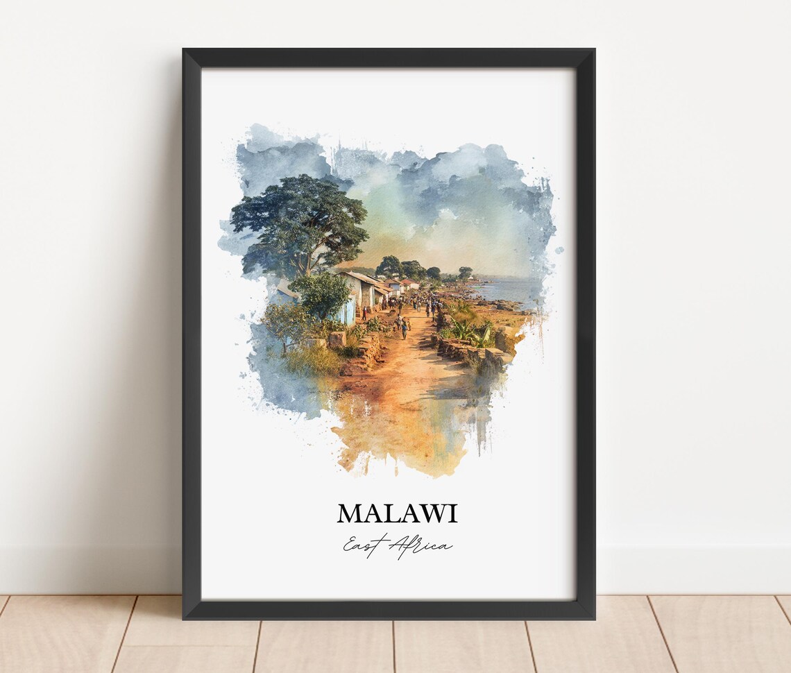 Malawi East Africa Lakeside Village Road Watercolor Travel Poster - Image 6