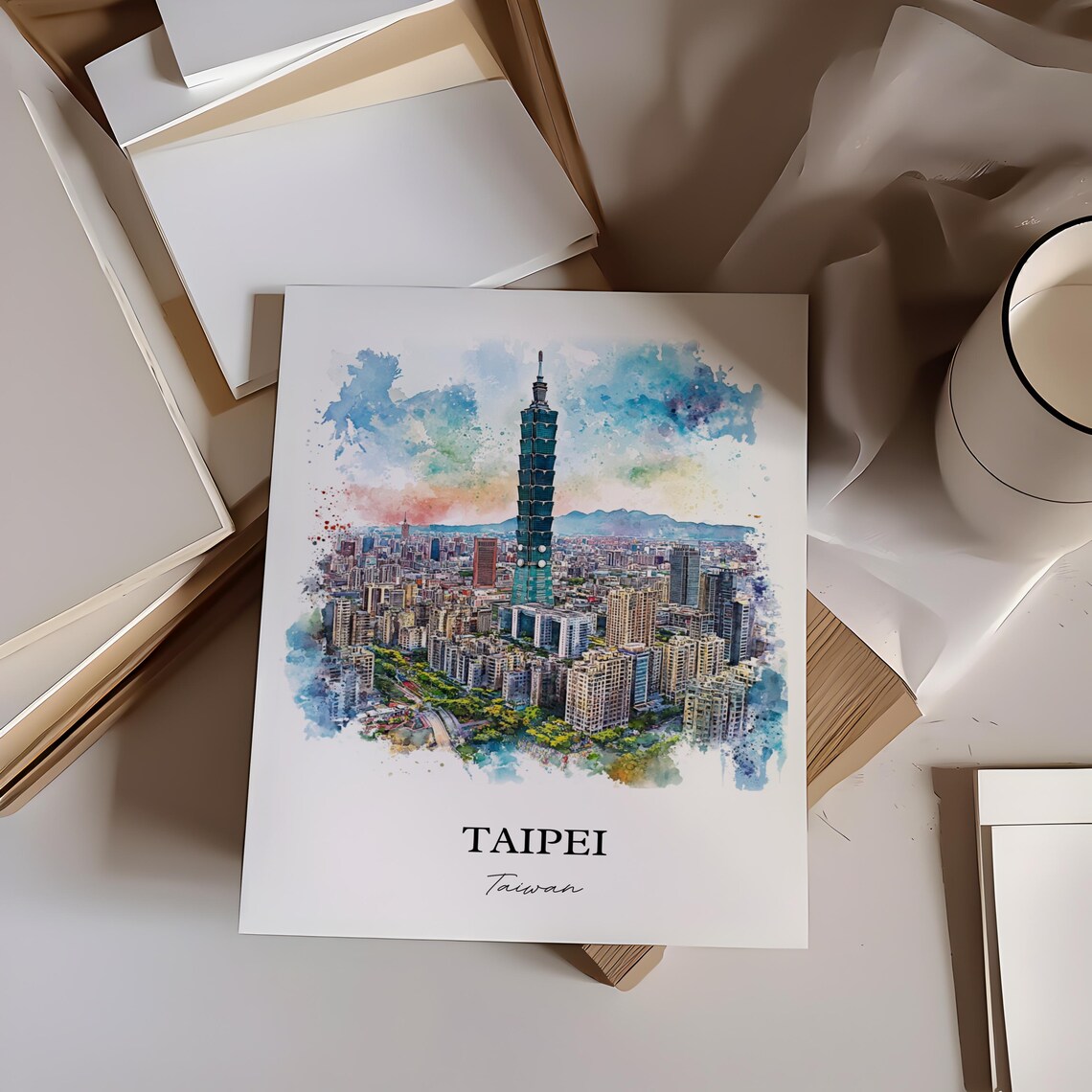Taipei Taiwan Watercolor Iconic Tower City Skyline View Poster - Image 3