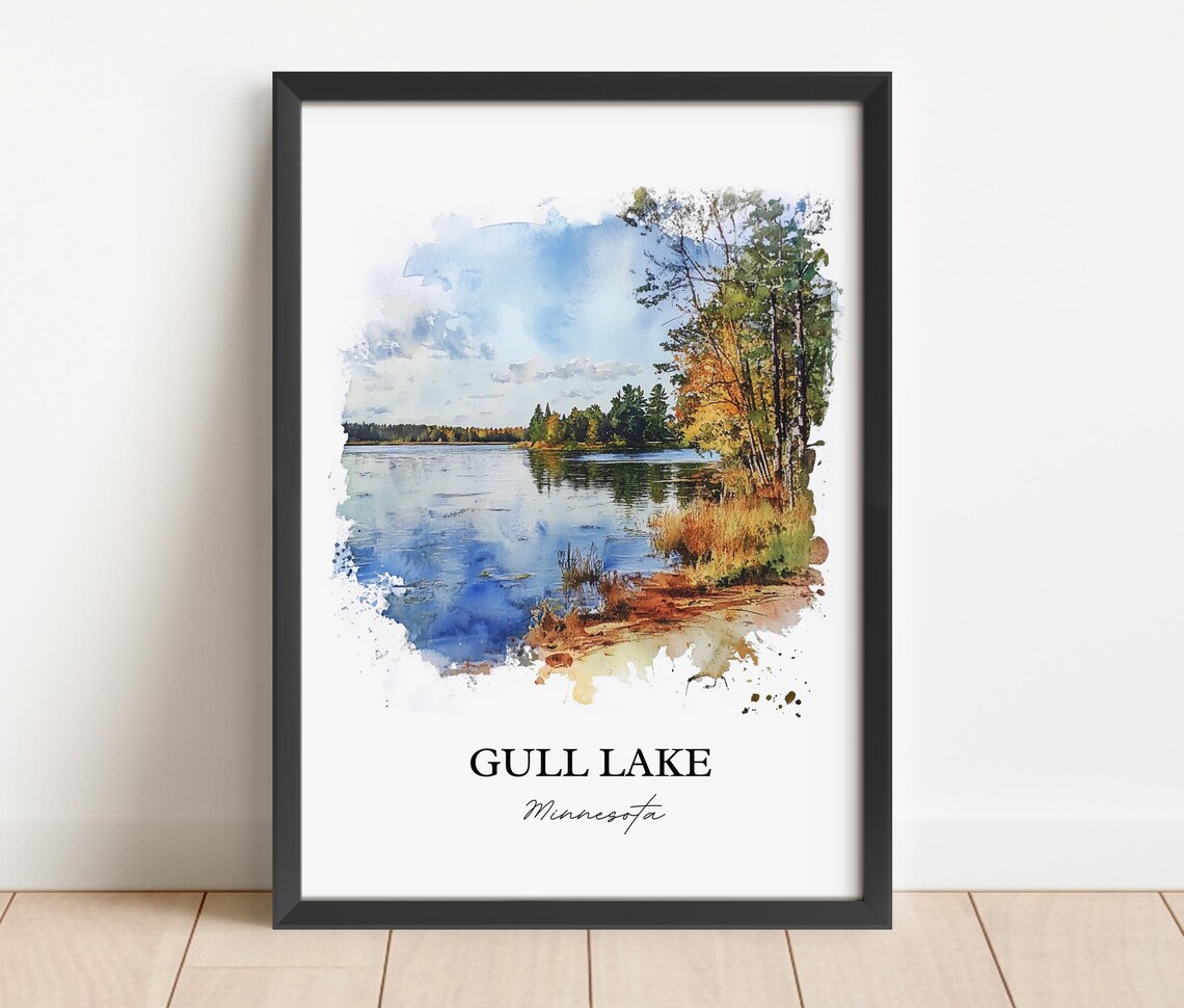 Gull Lake Minnesota Tranquil Lakeshore Birch Watercolor Poster - Image 2
