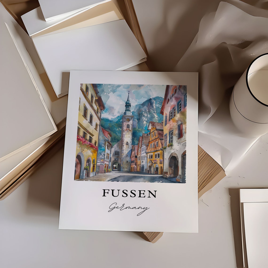 Fussen Germany Watercolor Old Town Clock Tower Mountains Poster - Image 6