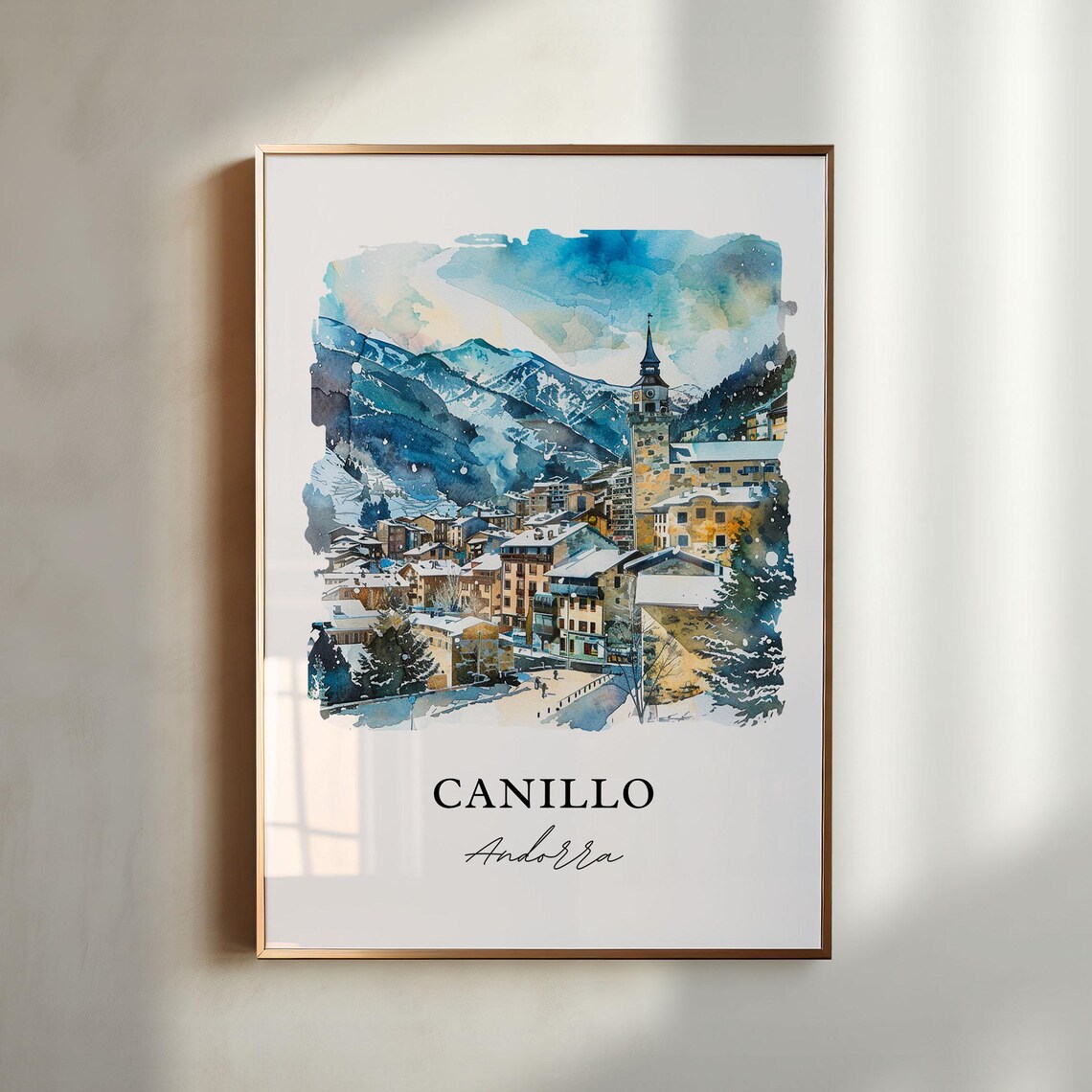Canillo Andorra Snowy Mountain Village Watercolor Travel Poster