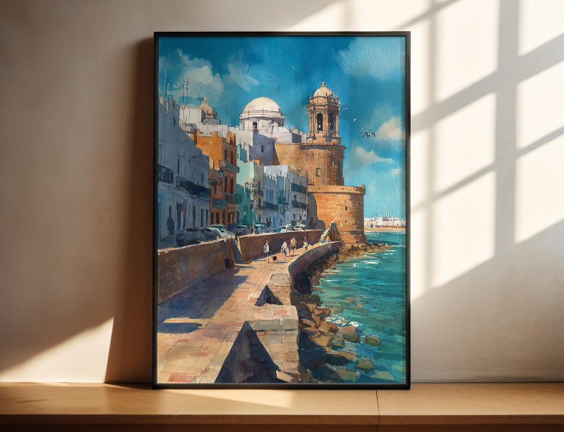 Old Seafront Cathedral Watercolor Coastal Travel Scene Poster