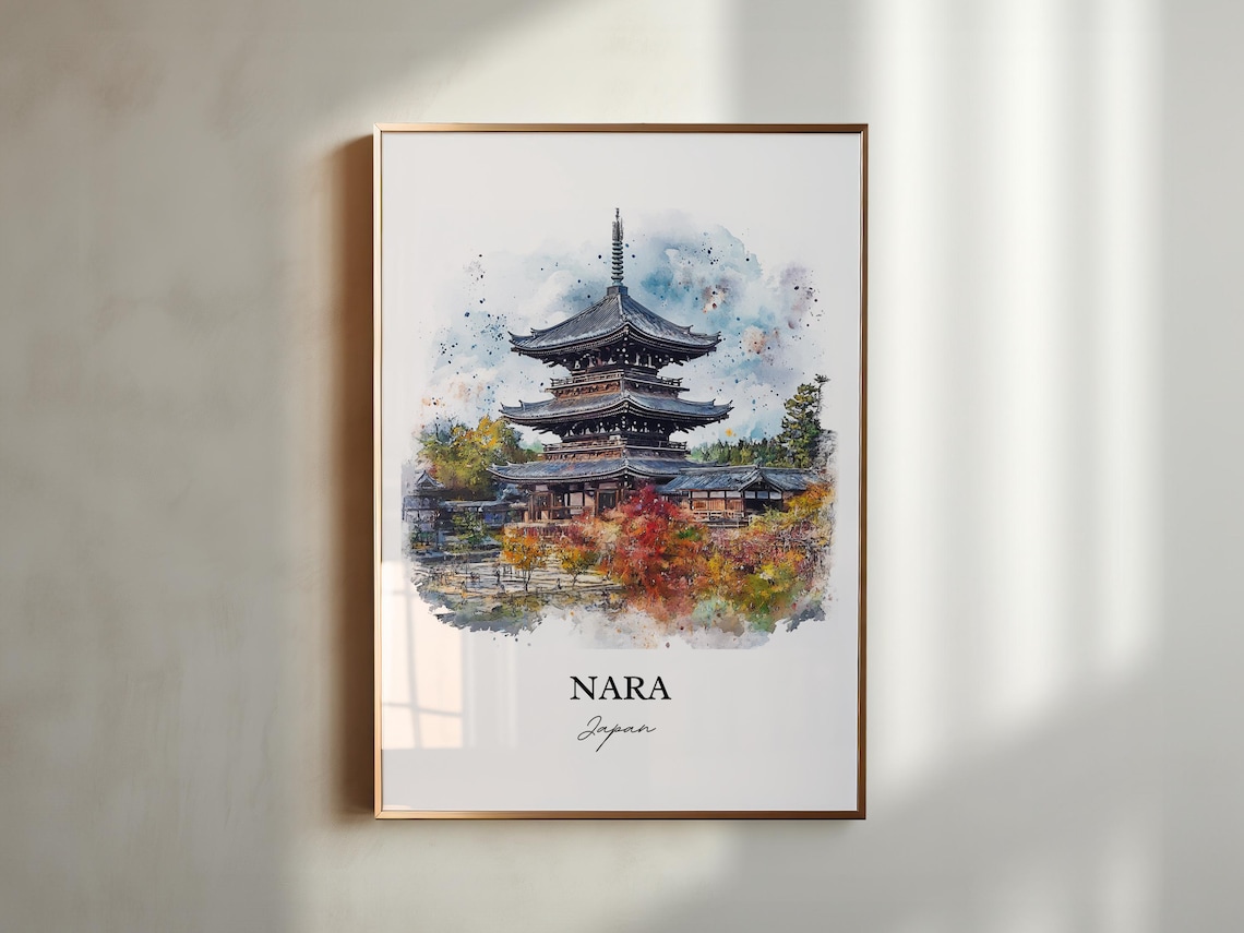 Nara Japan Watercolor Five Story Pagoda Autumn Temple Scene Poster - Image 4