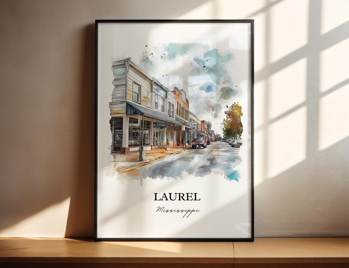 Laurel Mississippi Watercolor Historic Main Street Scene Poster - Image 5