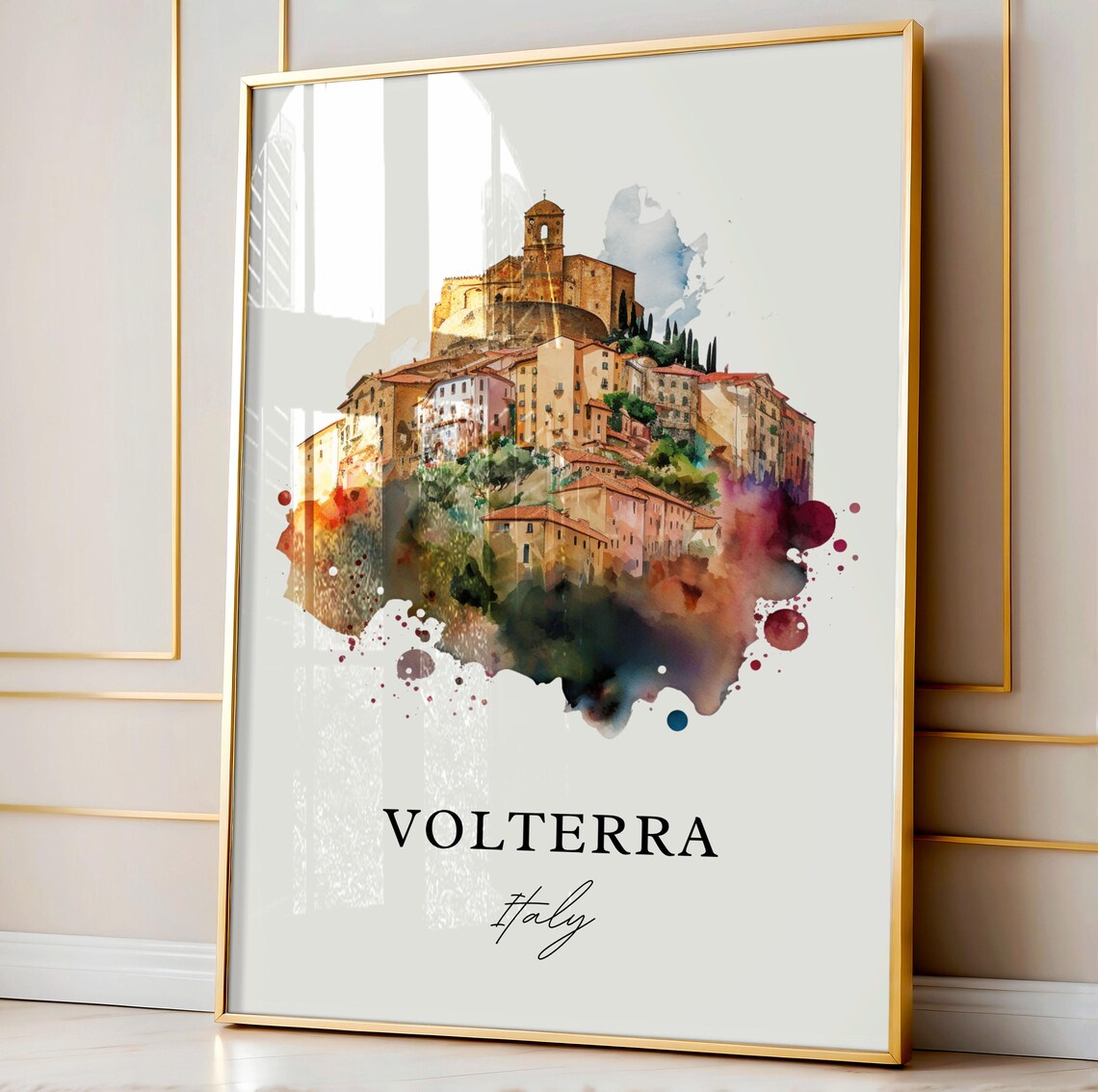 Volterra Italy Golden Tuscan Hilltop Town Watercolor Travel Poster - Image 4