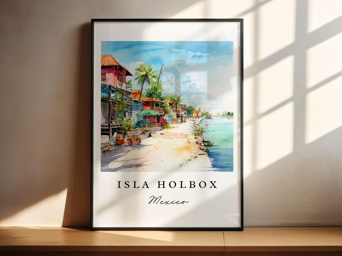 Isla Holbox Mexico Watercolor Beach Street Palm Trees Travel Poster - Image 4
