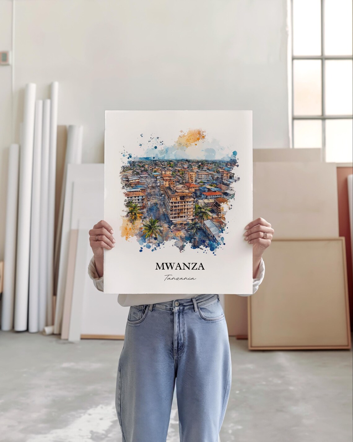 Mwanza Tanzania Lakeside City Aerial Watercolor Travel Art Poster - Image 4