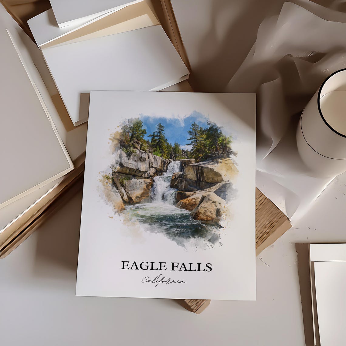 Eagle Falls California Rocky Cascade Mountain Stream Watercolor Poster - Image 3