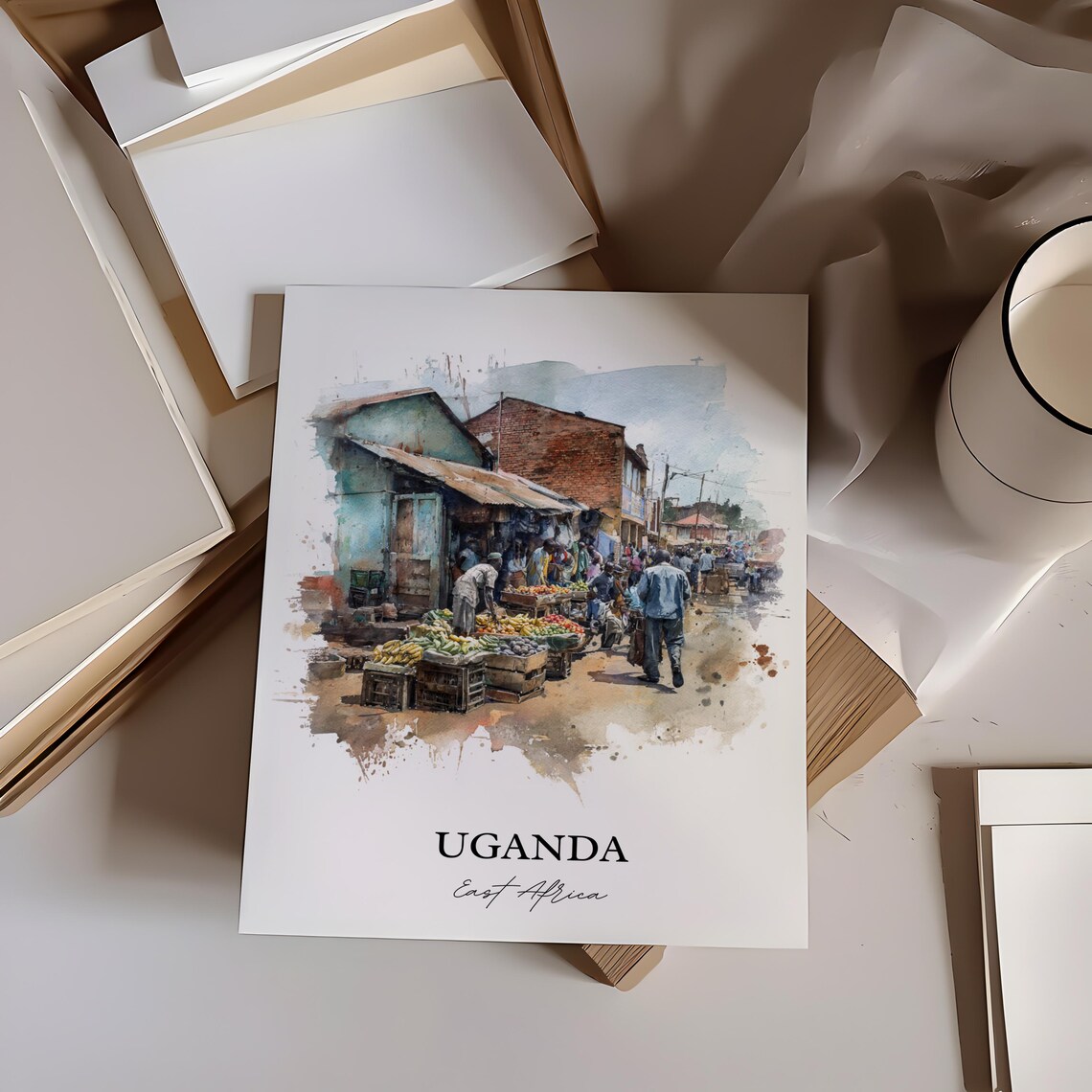 Uganda East Africa Market Vendors Street Watercolor Travel Poster - Image 2