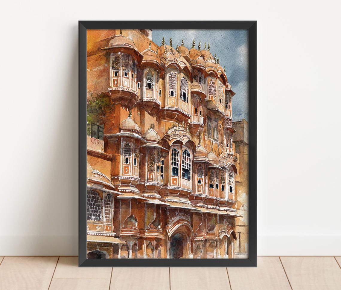 Jaipur Hawa Mahal Pink Palace Facade Detailed Watercolor Wall Art