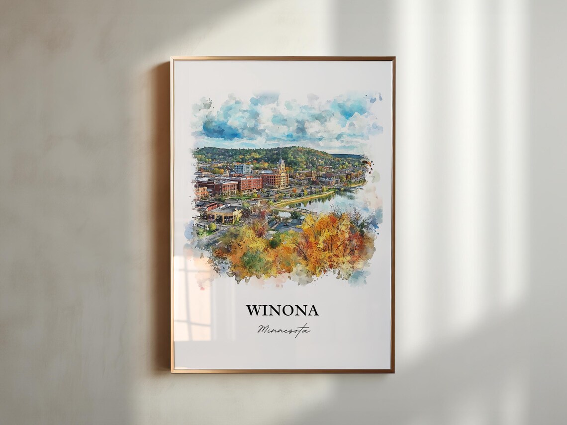 Winona Minnesota River Town Autumn Bluffs Watercolor Art Poster - Image 2