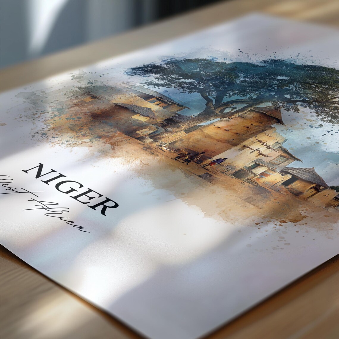 Niger West Africa Desert Village Baobab Shade Watercolor Poster - Image 6