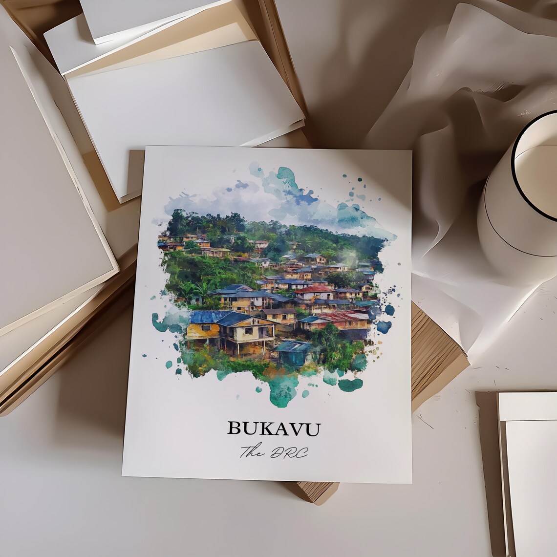 Bukavu The DRC Lakeside Hill Town Watercolor Travel Poster Art - Image 4