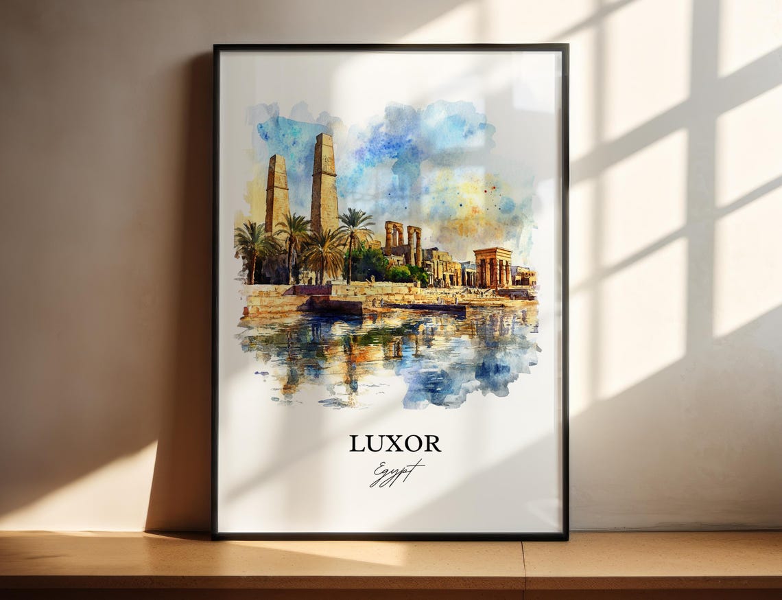 Luxor Egypt Ancient Temple Nile River Watercolor Travel Poster