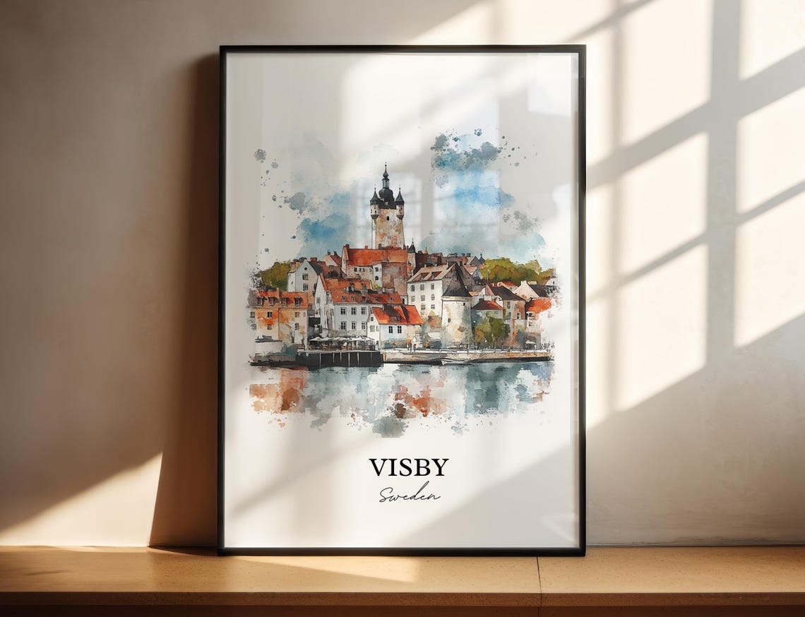 Visby Sweden Medieval Town Tower Watercolor Harbor Travel Poster