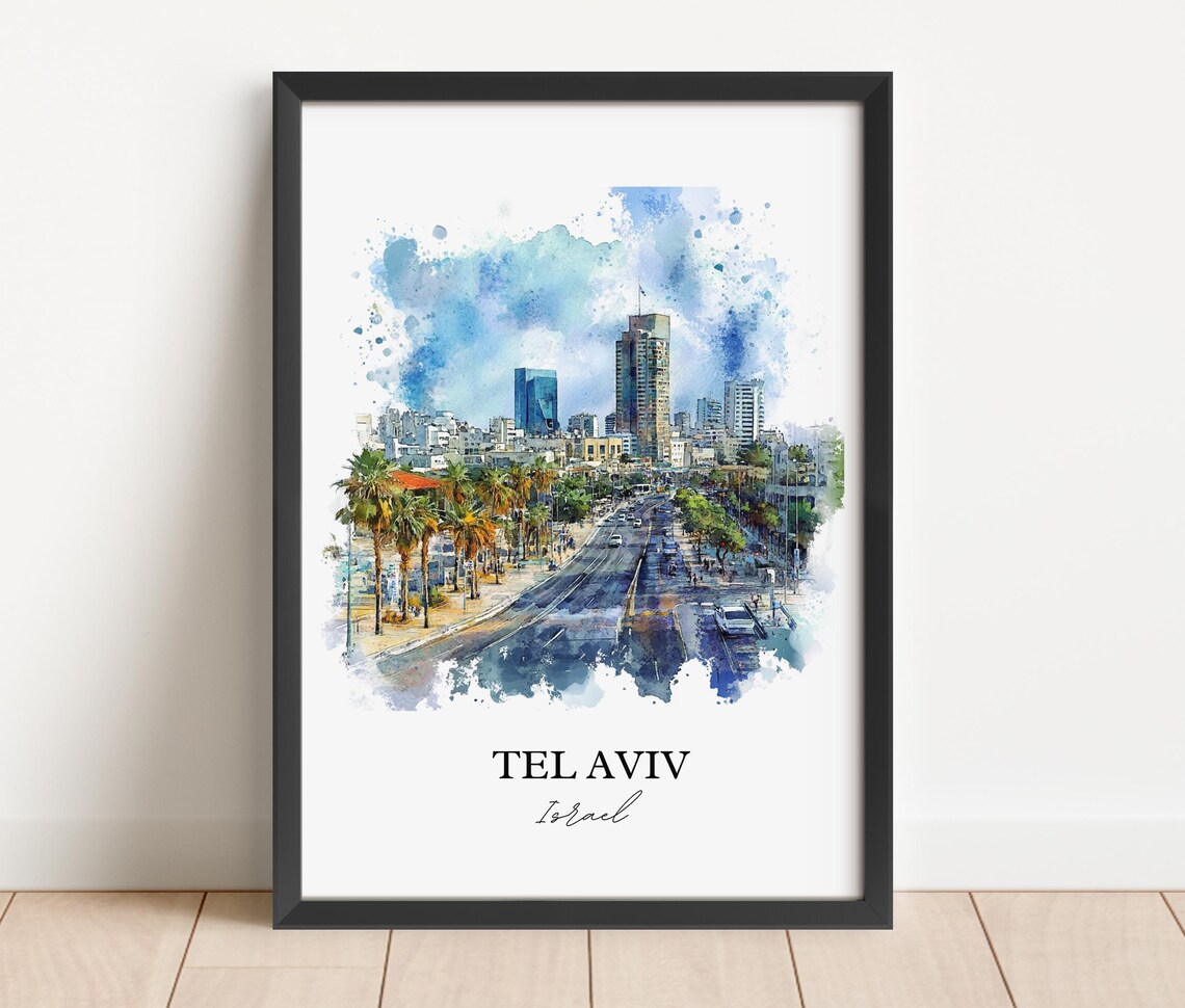 Tel Aviv Israel Watercolor Palm Avenue City Skyline Travel Poster - Image 3