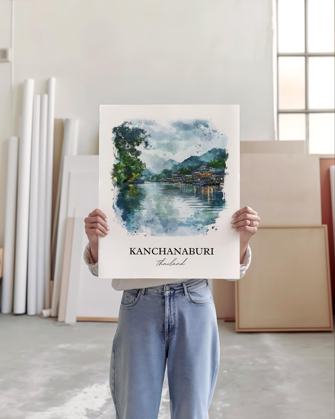 Kanchanaburi Thailand Watercolor River Houses Jungle Art Poster - Image 6