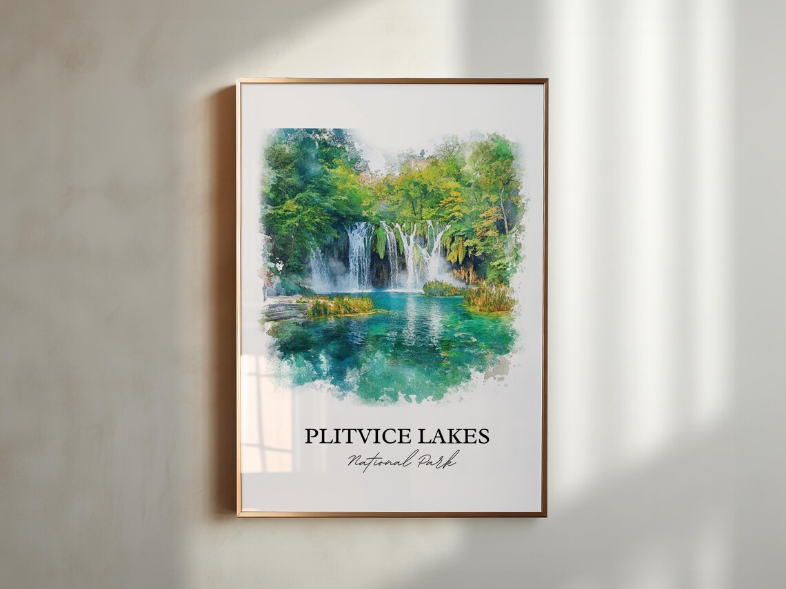 Plitvice Lakes Croatia Waterfall Lake Watercolor Travel Poster - Image 4