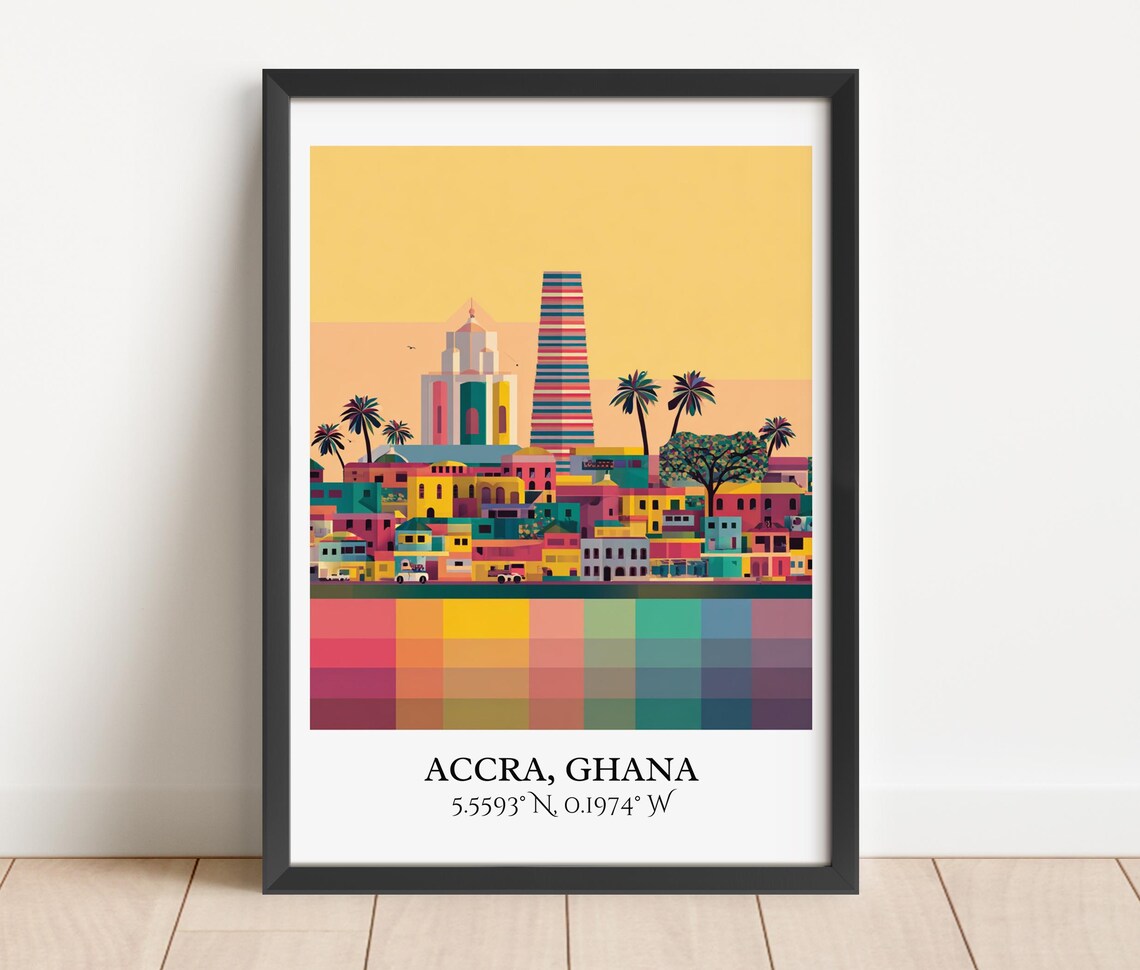 Accra Ghana Colorful Cityscape Palms Vibrant Africa Travel Poster
