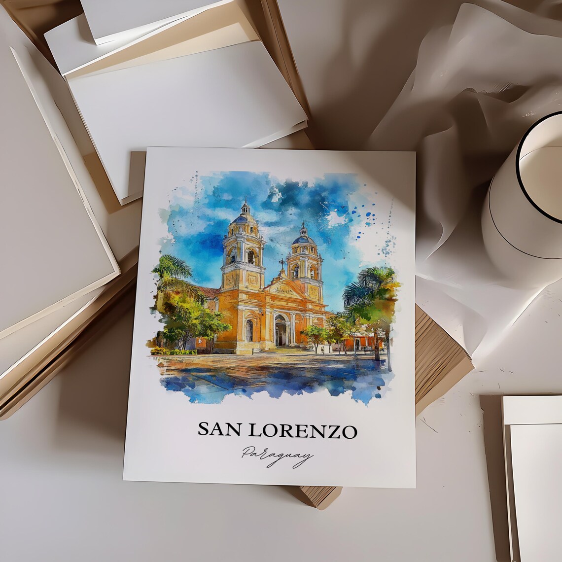 San Lorenzo Paraguay Watercolor Cathedral Twin Towers Travel Poster - Image 2