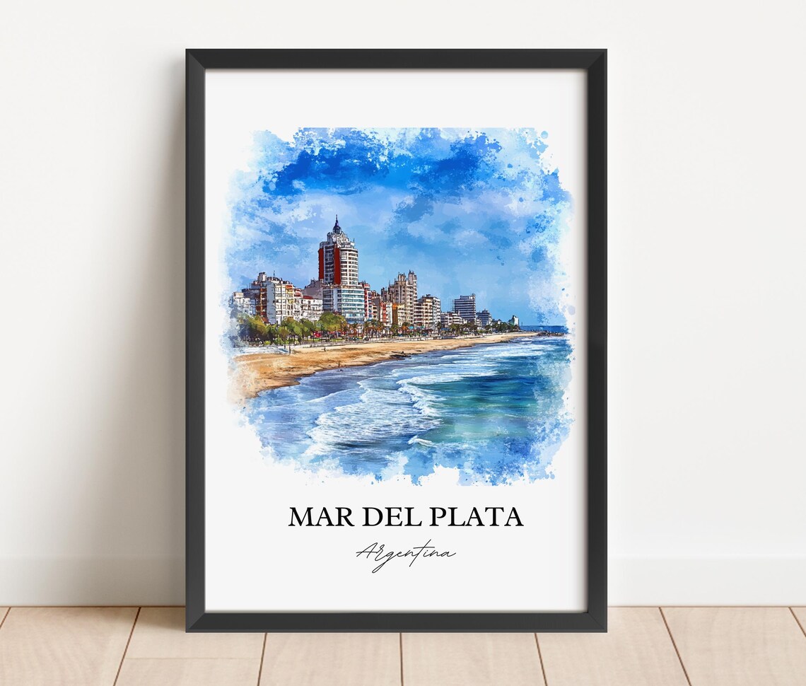 Mar Del Plata Argentina Watercolor Beach Towers Surf Waves Poster - Image 4