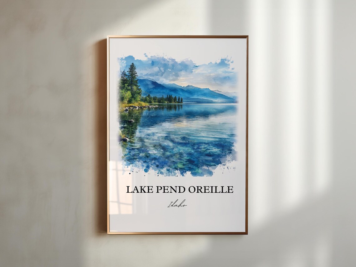 Lake Pend Oreille Idaho Watercolor Lake Landscape Travel Poster - Image 2