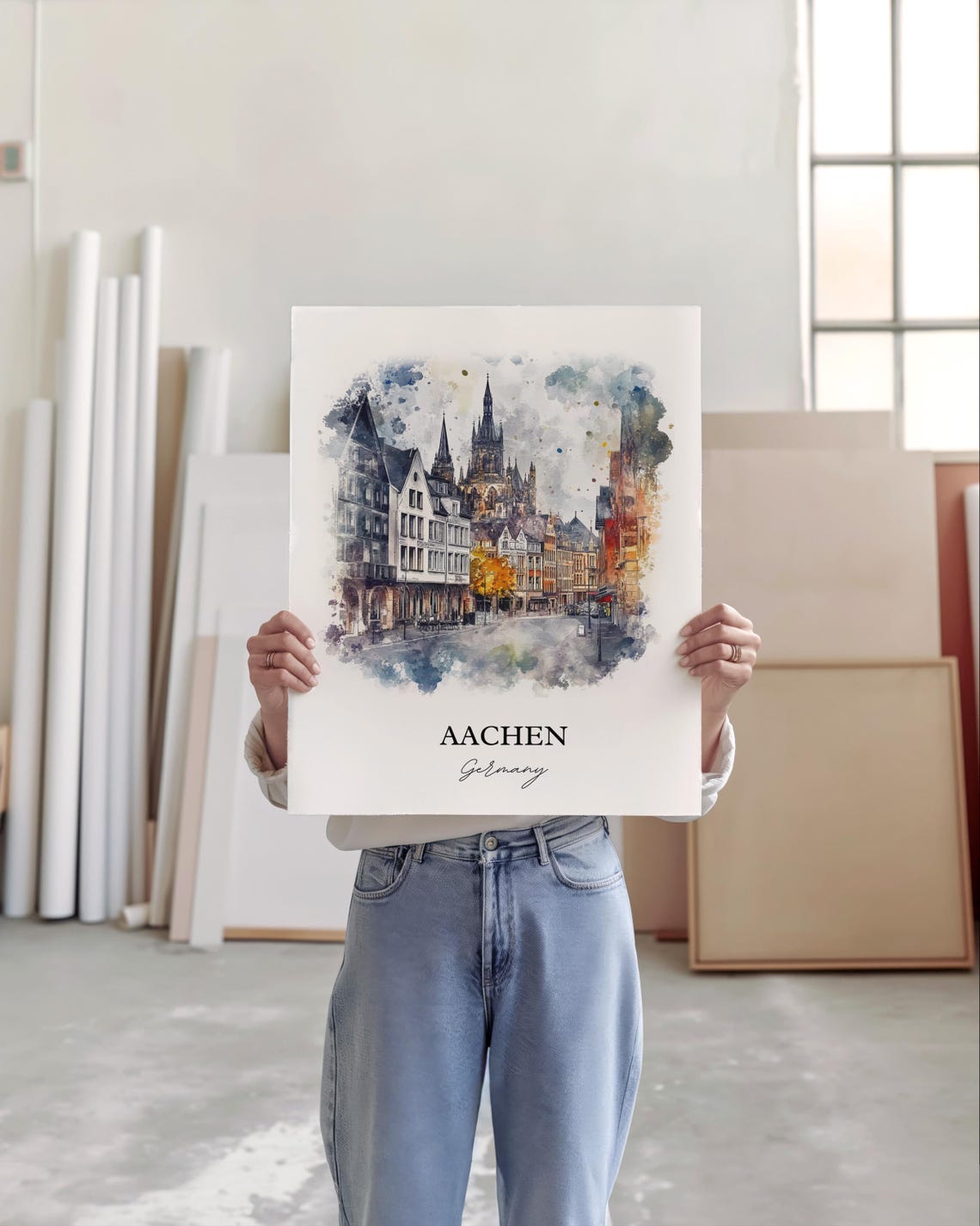 Aachen Germany Gothic Cathedral Square Watercolor Travel Poster - Image 2
