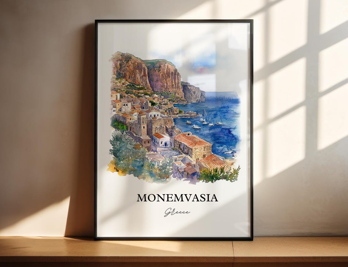 Monemvasia Watercolor Travel Poster, Laconia Greece