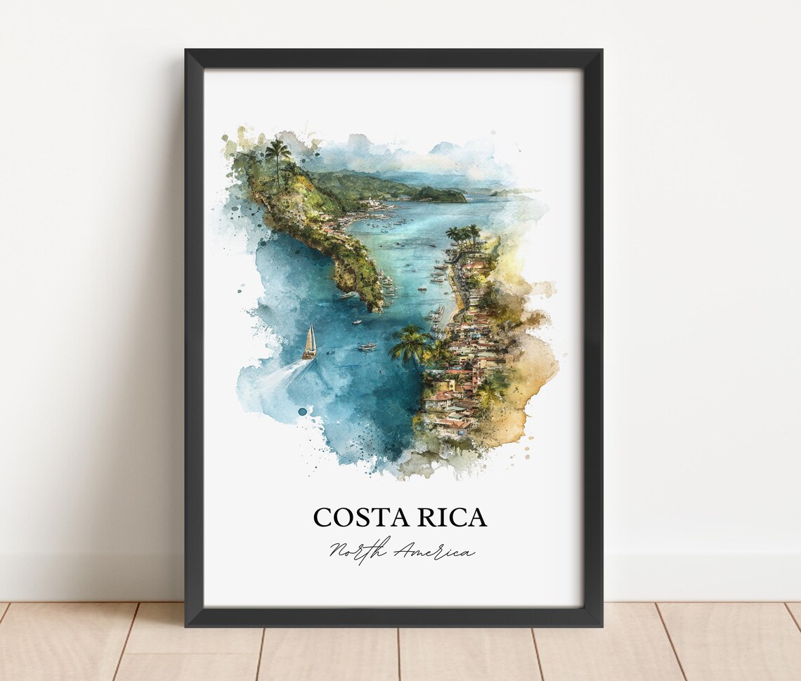 Costa Rica Tropical Coastline Sailboat Bay Watercolor Art Poster - Image 4