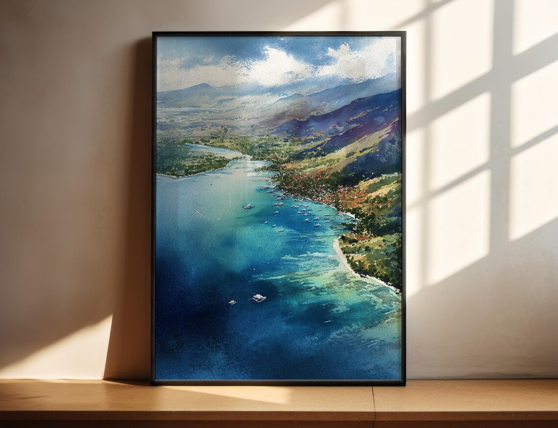 Lombok Indonesia Turquoise Bay Aerial Watercolor Travel Print