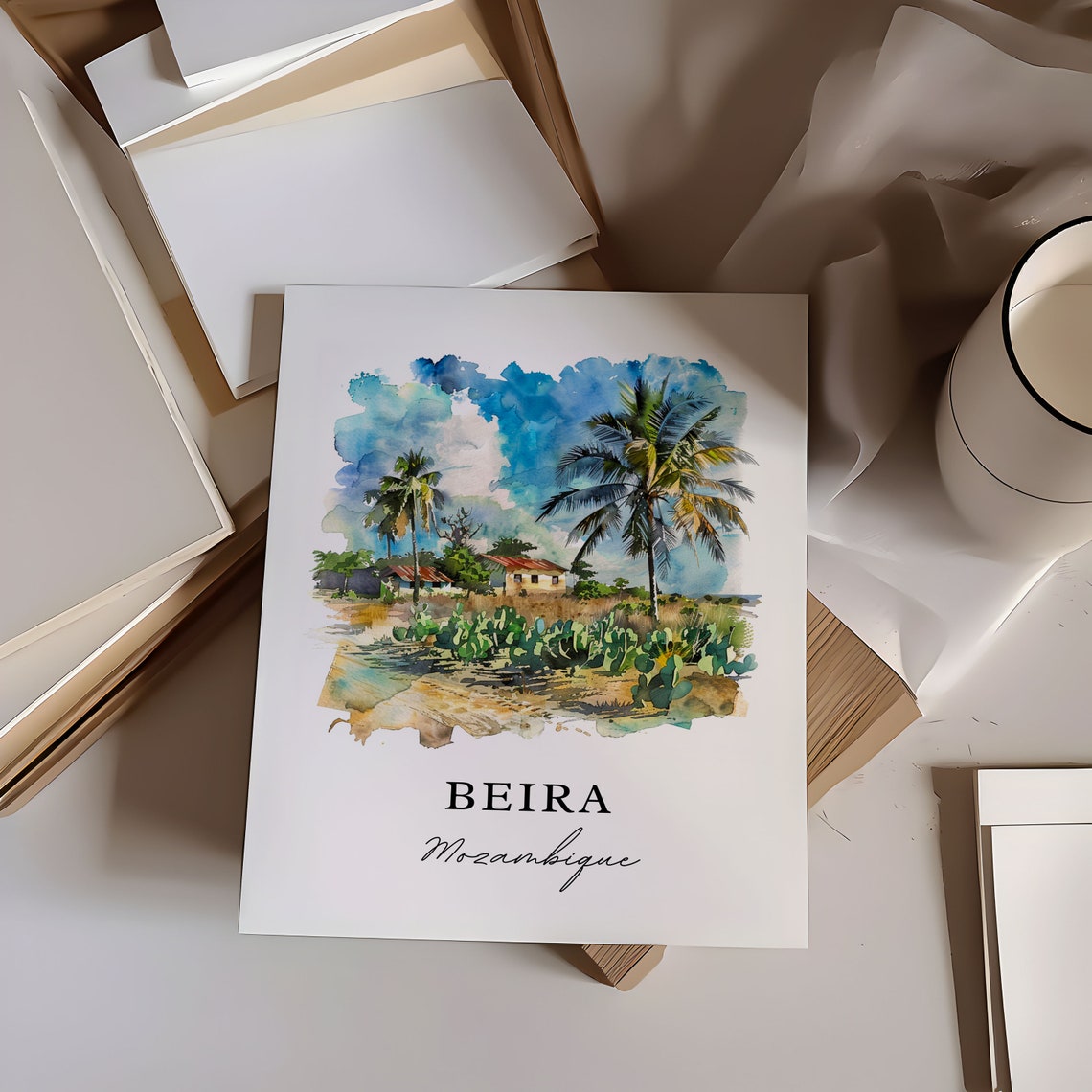 Beira Mozambique Watercolor Of Palm Trees And Rural Houses Poster - Image 2