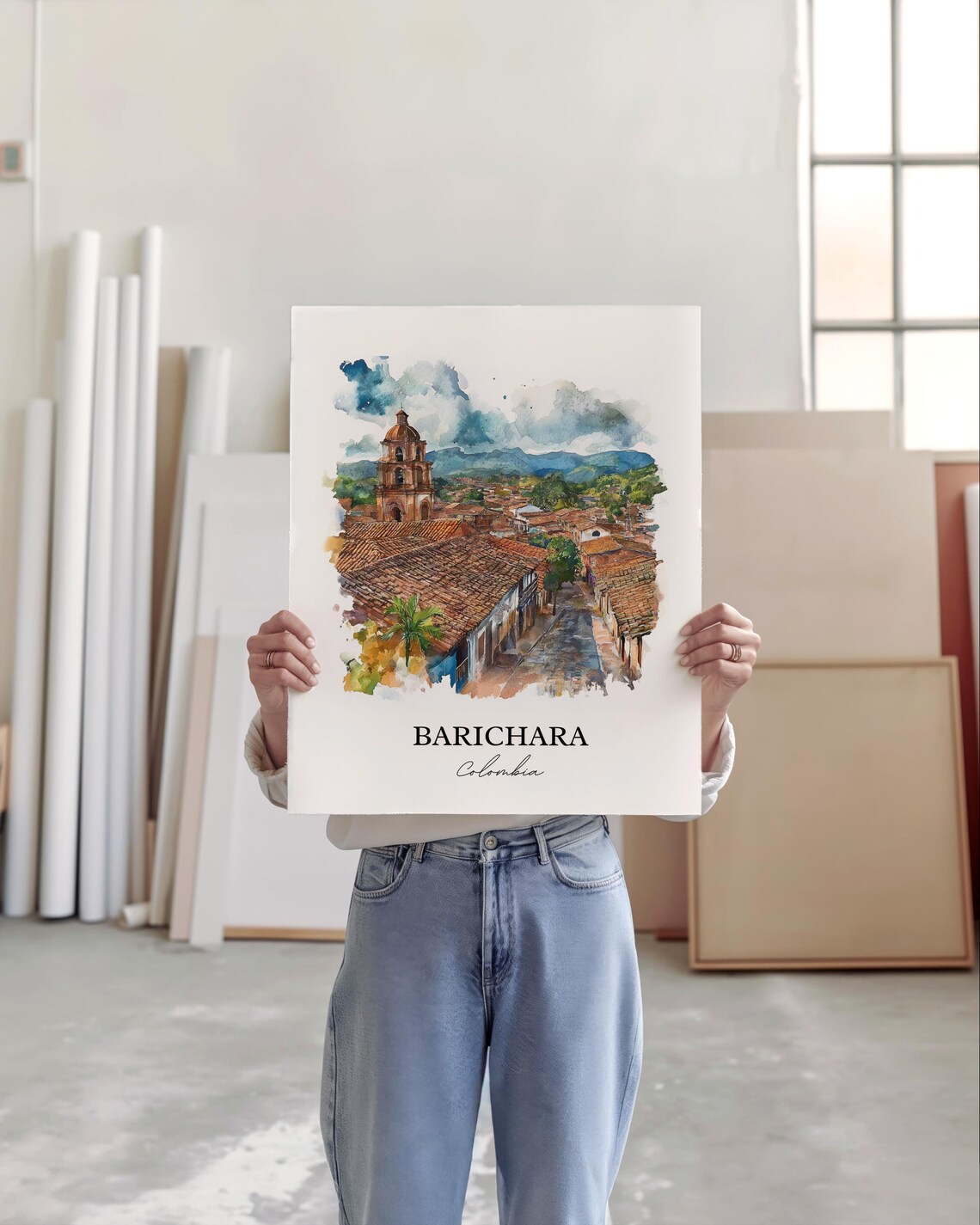 Barichara Colombia Colonial Church Rooftops Watercolor Travel Poster - Image 5