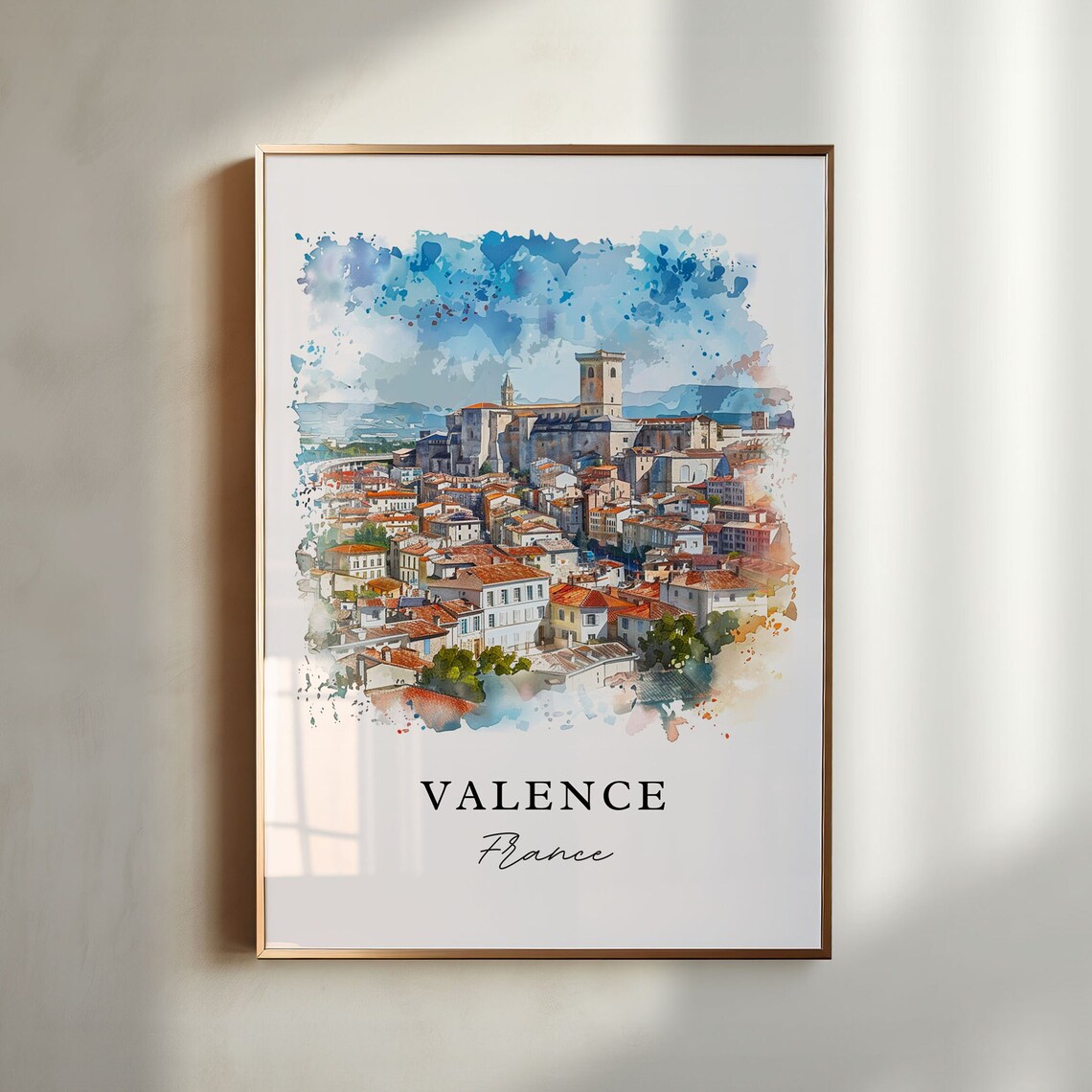 Valence France Hilltop Old Town Watercolor Panorama Travel Poster