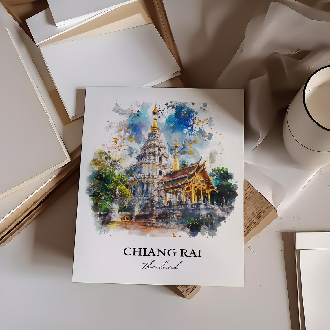 Chiang Rai Thailand Watercolor Golden Temple Landmark Art Poster - Image 4