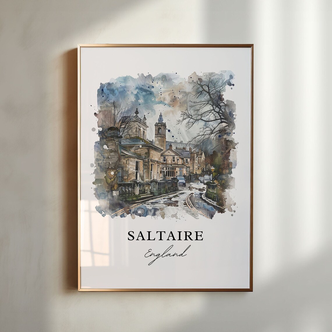 Saltaire England Historic Stone Village Watercolor Travel Poster