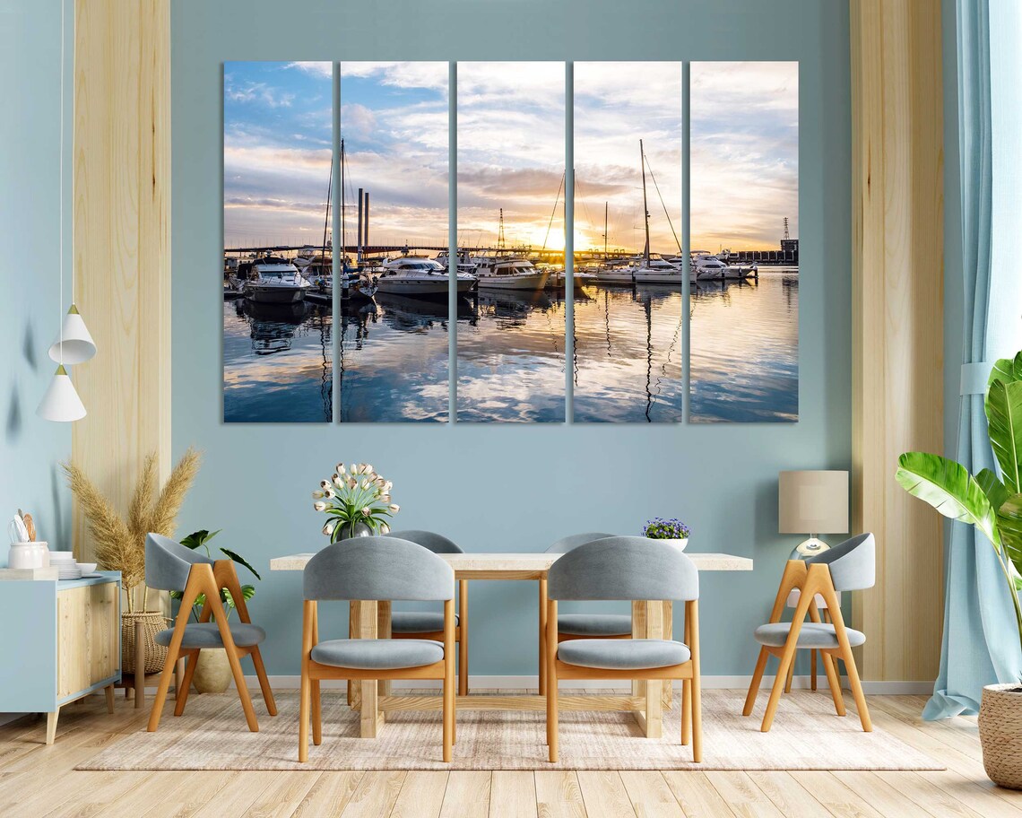 Sunset Marina Harbor Yachts Sailboats Golden Water Reflections Poster - Image 3