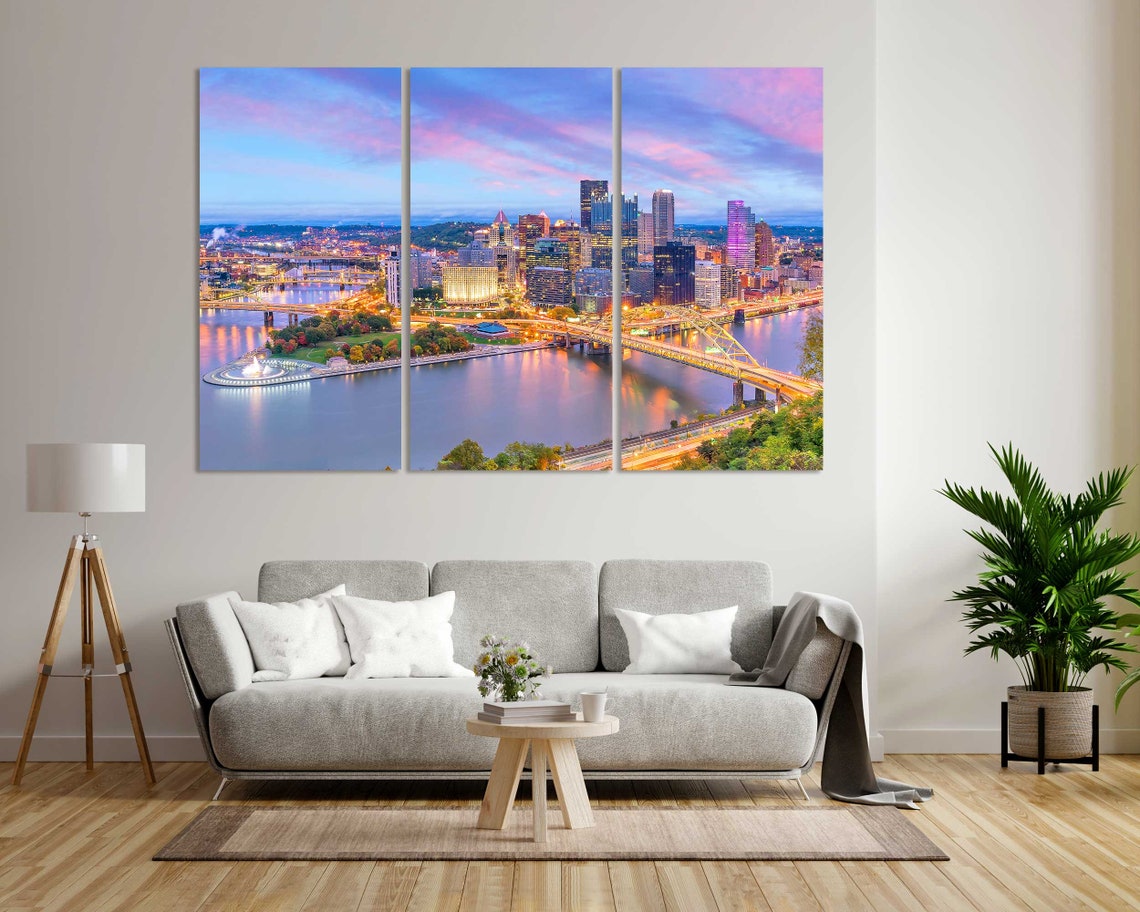 Pittsburgh Skyline Evening Fountain Bridges Golden Dusk City Poster - Image 8