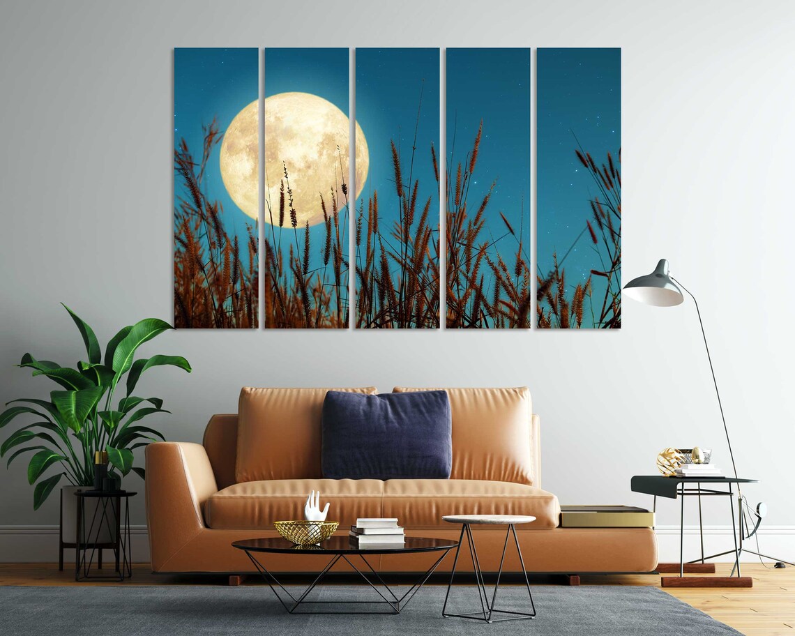 Full Moon Rising Over Tall Grass Field Starry Night Sky Nature Poster - Image 7