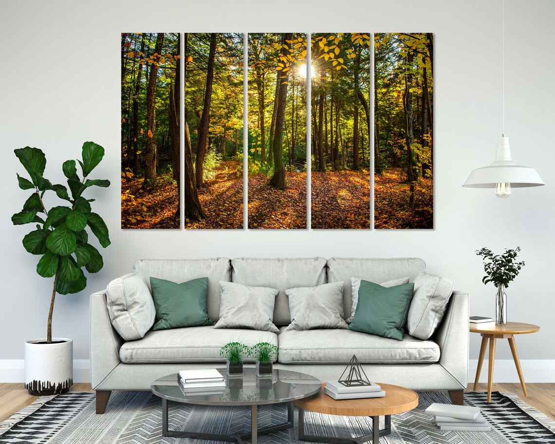 Sunlit Autumn Forest with Golden Leaves Carpet Woodland View Poster - Image 7