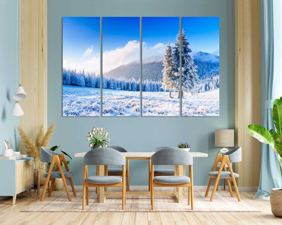 Snowy Winter Mountain Valley with Frosted Pines Blue Sky View Poster - Image 3