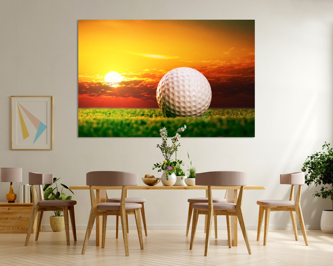 Golf Ball On Green Grass At Fiery Sunset Sky Sports Wall Art Poster - Image 6