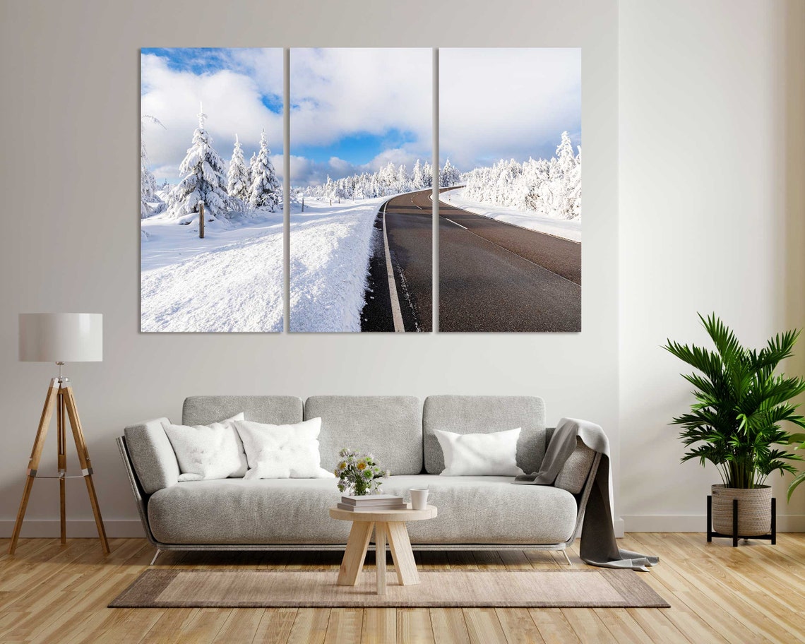 Snowy Winter Road Through Forest Sunny Day Blue Sky Travel Poster