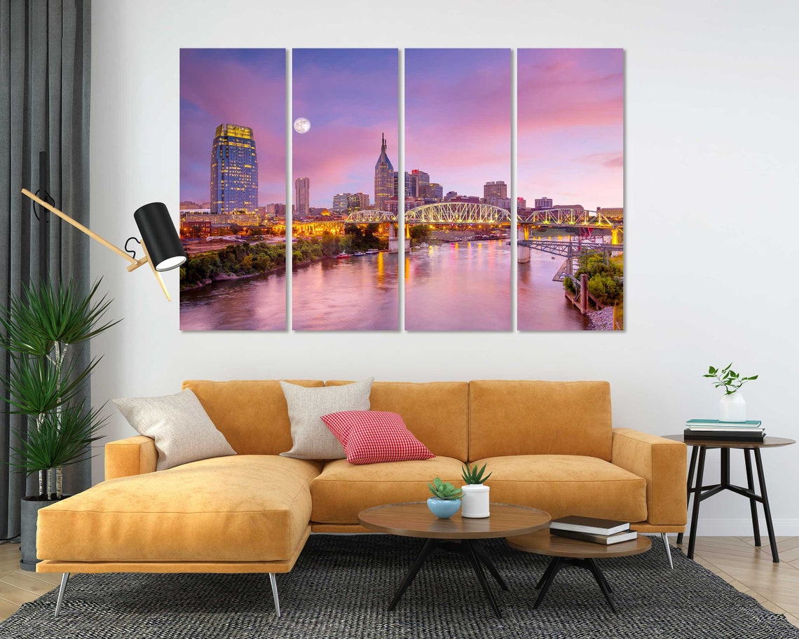 Nashville Skyline Evening with Full Moon Over River Bridges Poster - Image 5