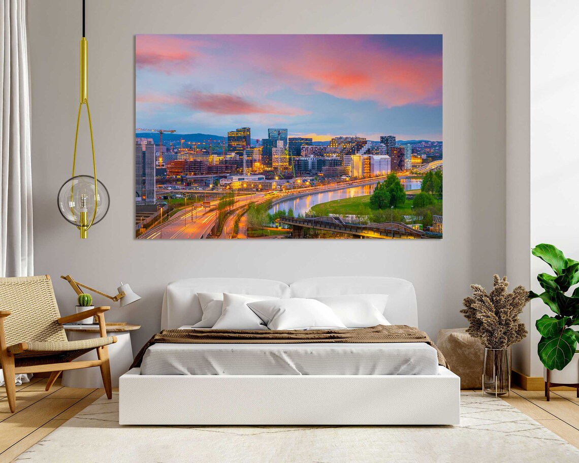 Oslo Norway Night Cityscape With Pink Sunset Sky Harbor Lights Poster